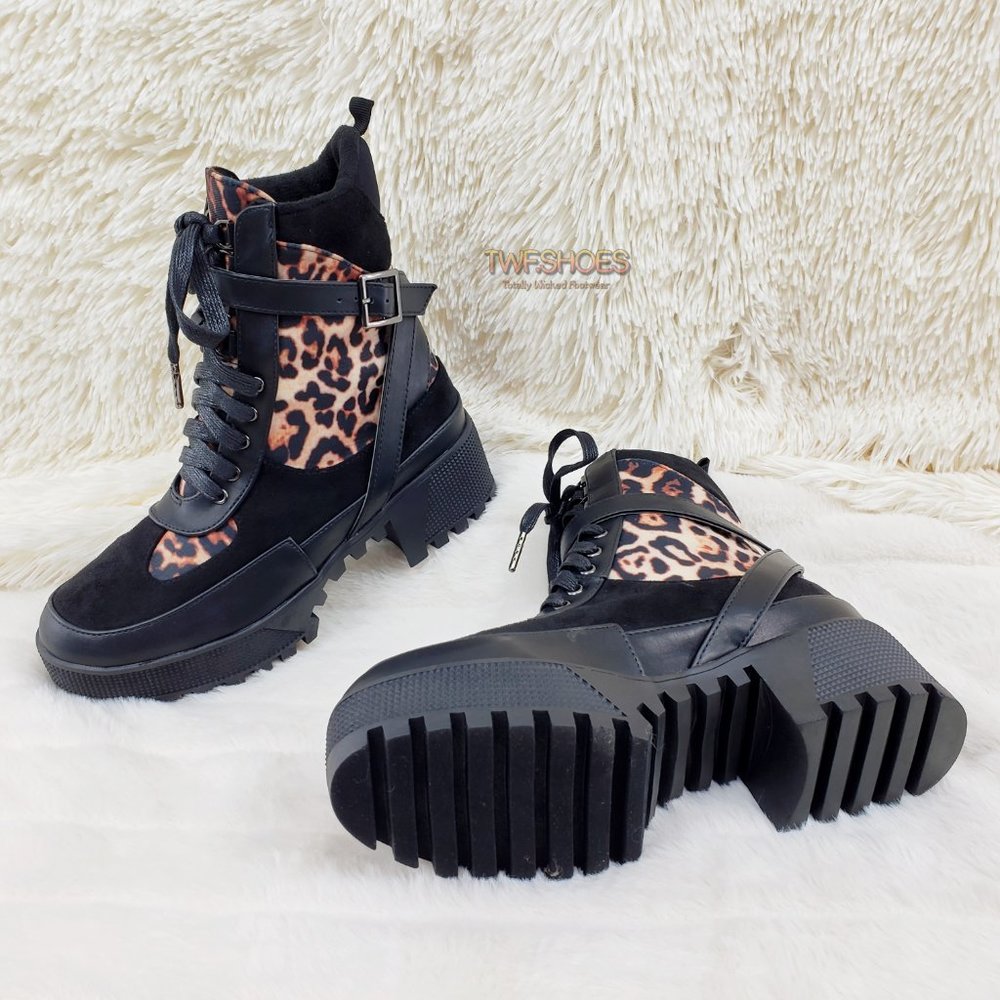 Chase Lug Sole Combat Ankle Boot Black Leopard - Picture 4 of 10